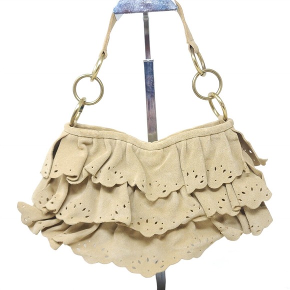 Banana Republic Handbags - Banana Republic Womens Mini Bag Y2K Beige Suede Leather Laser Cut Ruffle Purse
